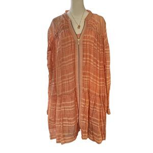 Anthropologie Peach Orange Striped Zip Front Mini Dress with Cotton Slip XL